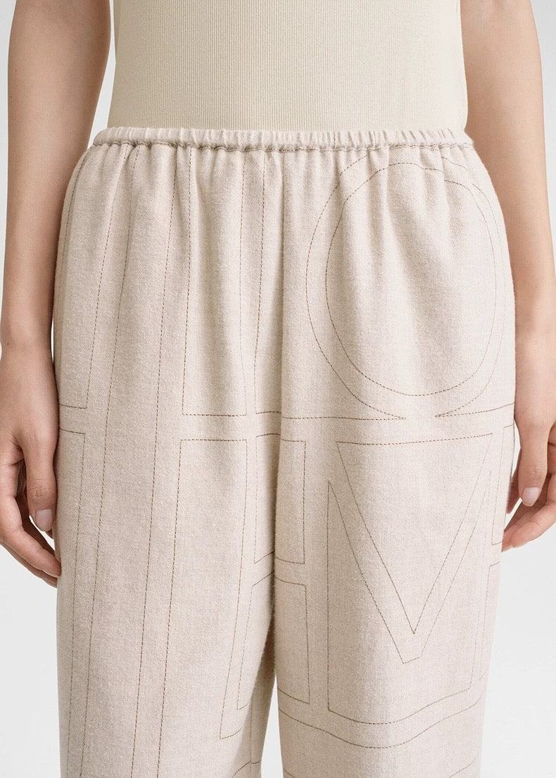 2501043TT Women Wide Leg Pants Trousers Fannel Full Length Pocket Elastic Waist Beige Gray Black Embroidery