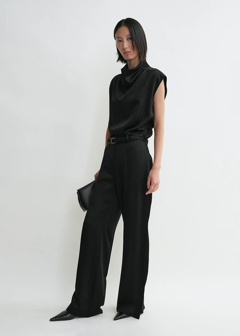 2501033TT Toteme Women Pants Trousers Wide Leg Full Length Viscose Acetate Satin Side Slit Fix-Waist Zipper Pocket