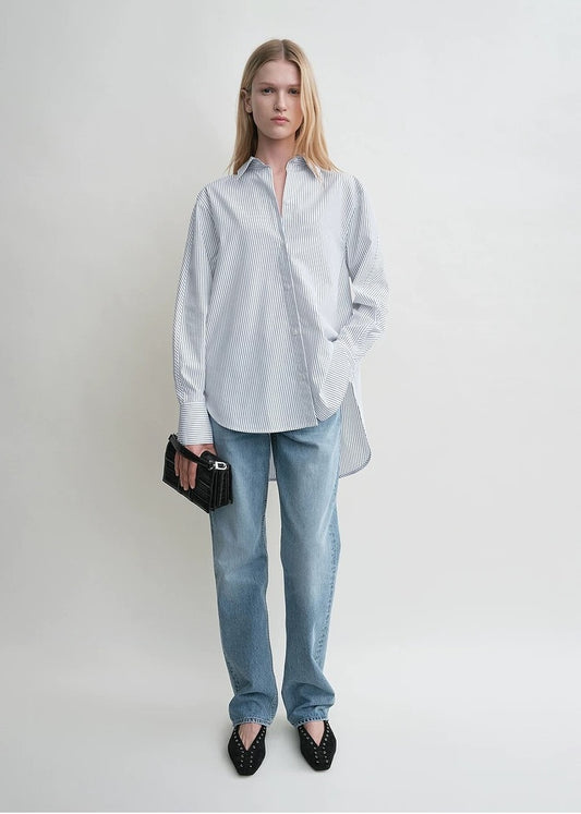 Toteme women blouse shirt 25 spring light blue striped oversize long sleeve front button cotton blended 2503074TT