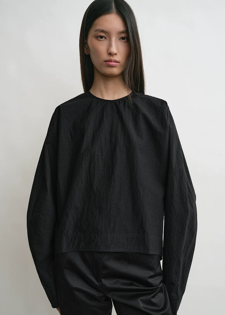 Toteme Batwing Sleeve Blouse Shirt Cotton Blended Beige Black O-neck Long Sleeve Back-Zip 2503076TT