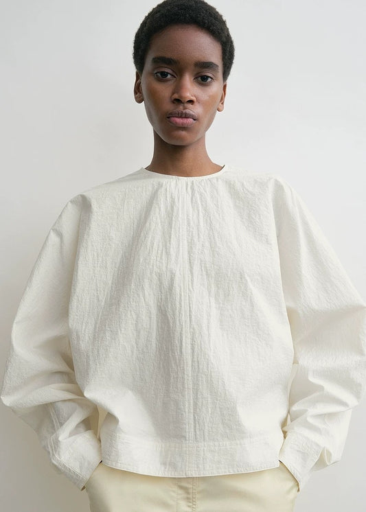 Toteme Batwing Sleeve Blouse Shirt Cotton Blended Beige Black O-neck Long Sleeve Back-Zip 2503076TT
