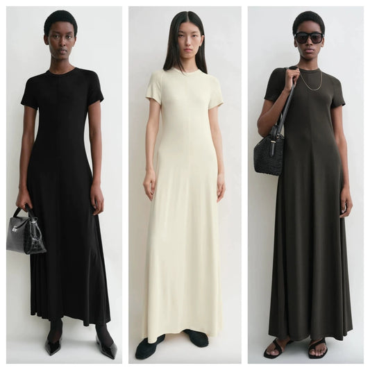 Toteme jersey maxi dress rear hook and zip crew neck short sleeves beige brown black Viscose 2503129TT