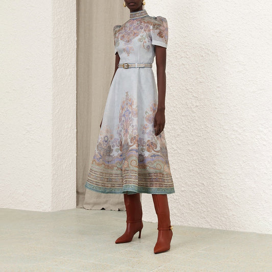 Eden midi dress light blue linen-silk blend paisley print mock neck short puff sleeves 2409057Zim