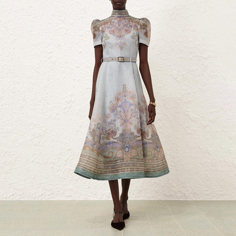 Eden midi dress light blue linen-silk blend paisley print mock neck short puff sleeves 2409057Zim