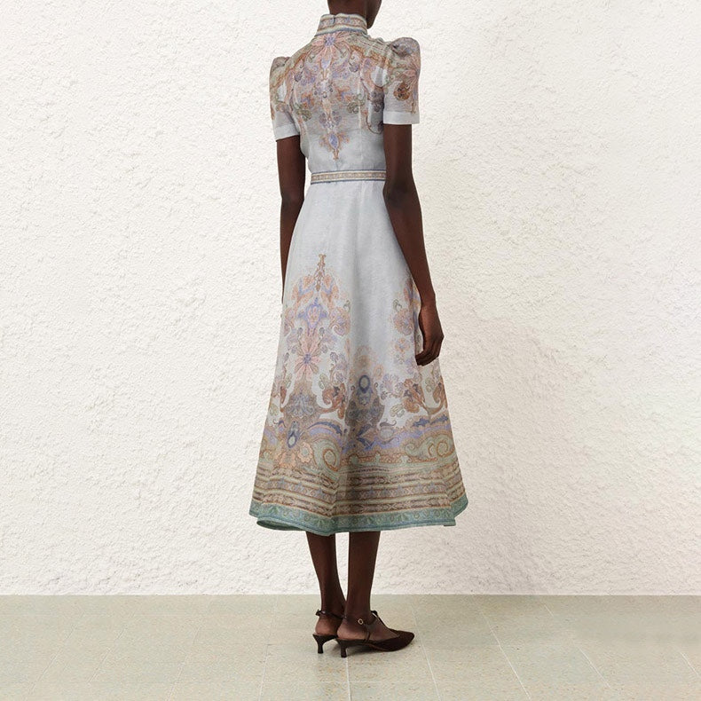 Eden midi dress light blue linen-silk blend paisley print mock neck short puff sleeves 2409057Zim