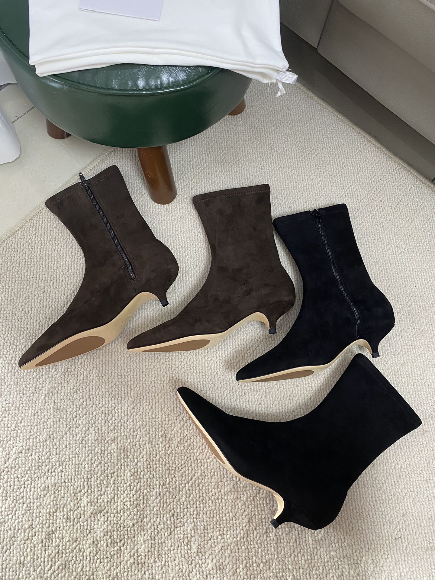 The Row 35mm Liisa boots black brown sheep suede kitten heel side-zip ankle-length leather outsole 2410020TR