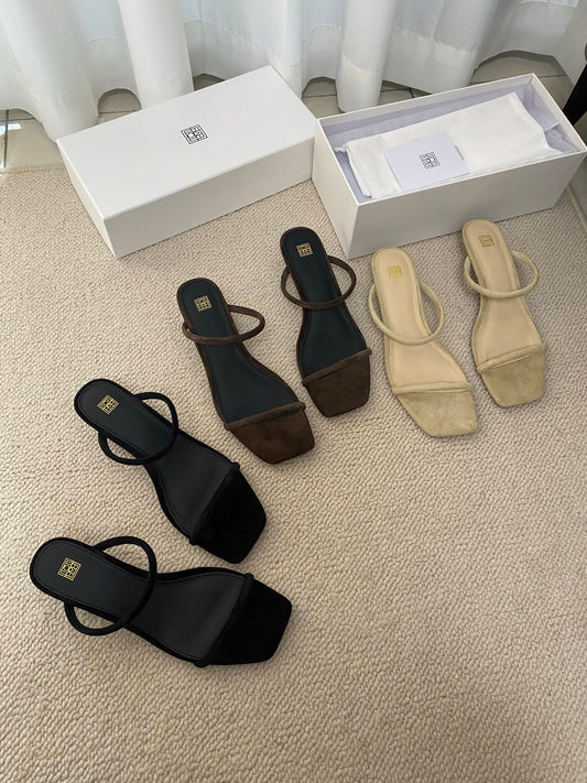 Toteme Sandals Simple Square-Toe Low-Heel Thin-Strap Calf Velvet Khaki Black 2508092TT