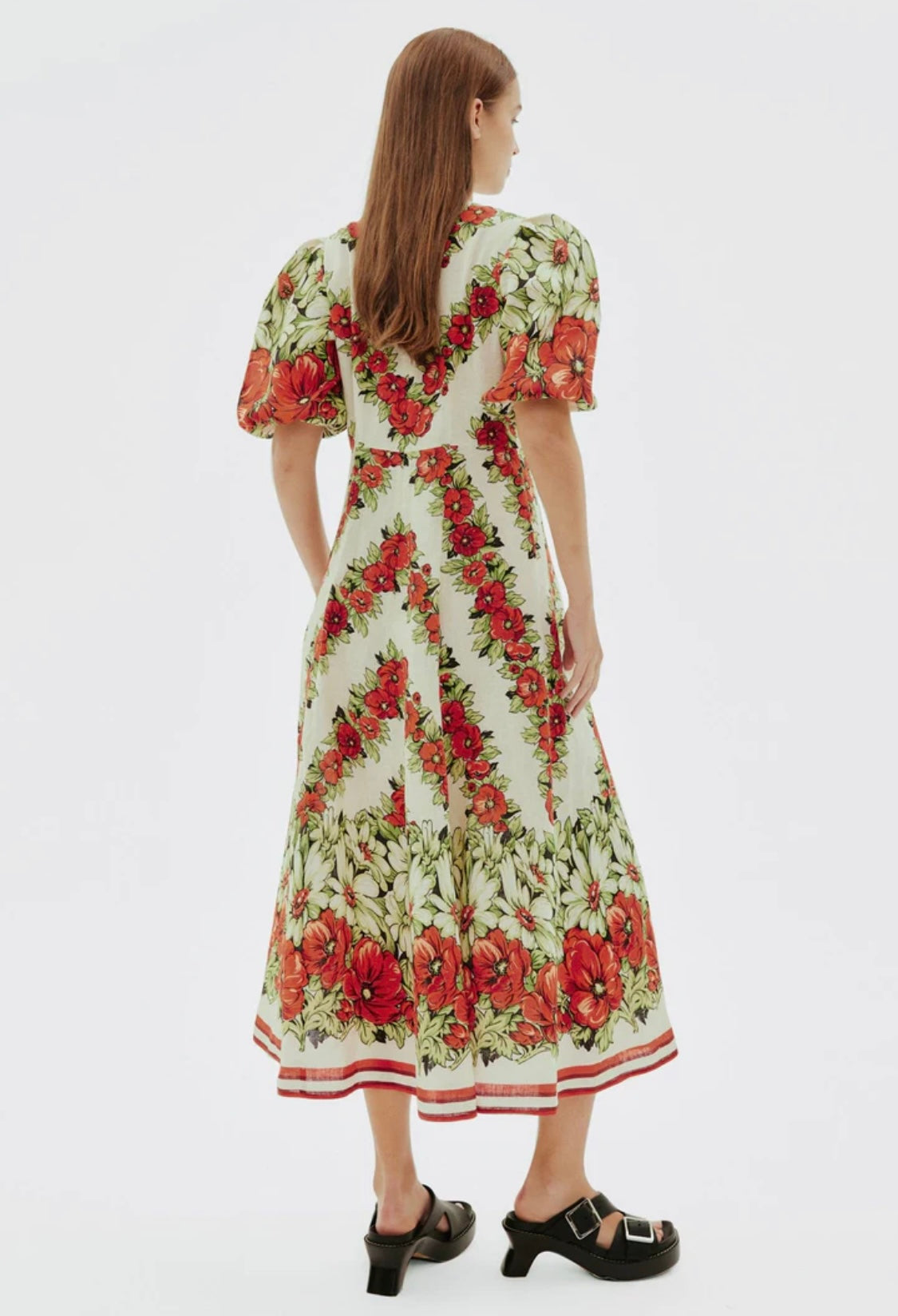 Alemais Gisela floral-print midi dress linen stripe trim mid-length short balloon sleeves rear zip