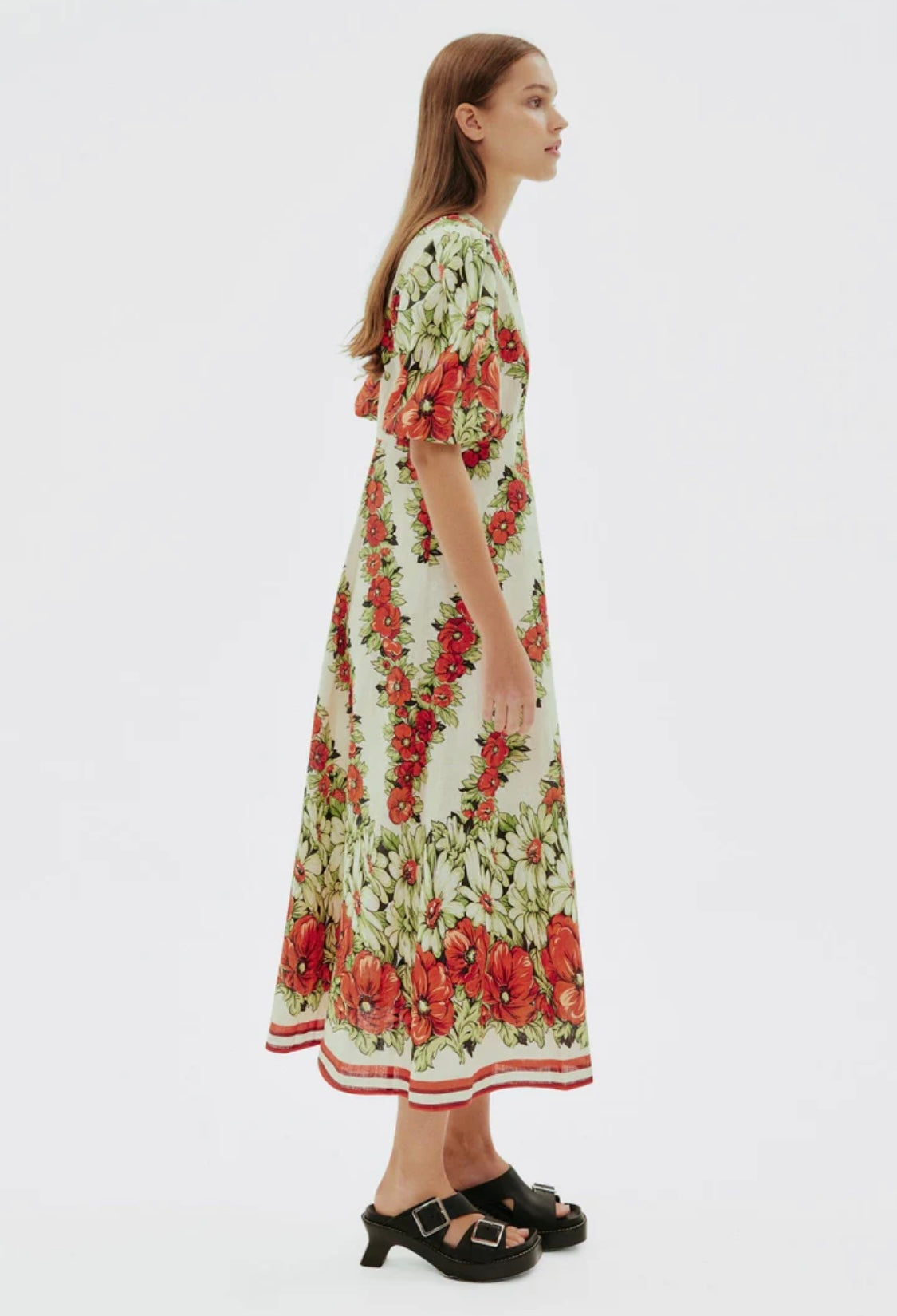 Alemais Gisela floral-print midi dress linen stripe trim mid-length short balloon sleeves rear zip