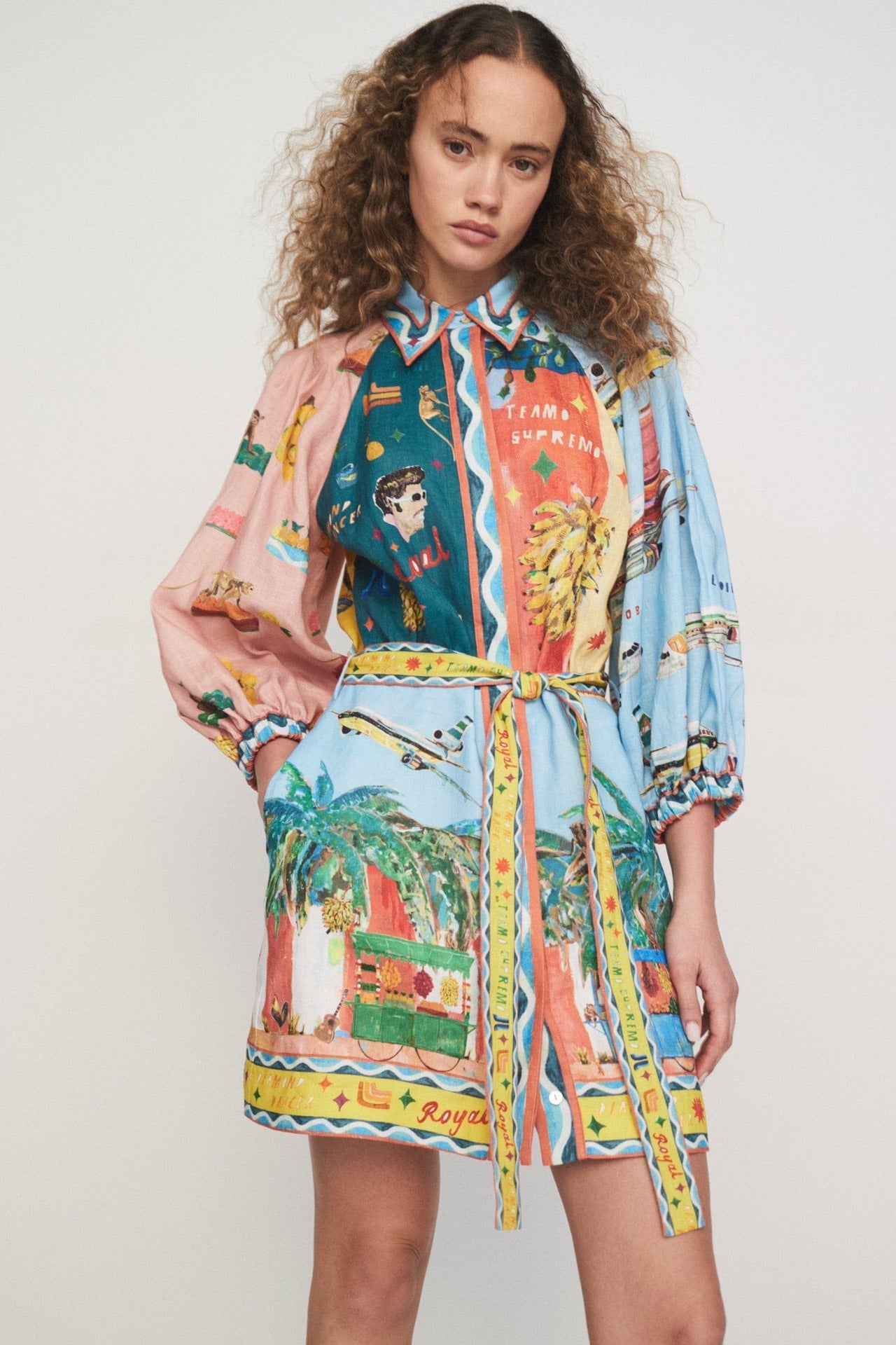 Alemais All Aboard linen minidress Attached belt multi color printed 3/4 sleeve 2408043AL