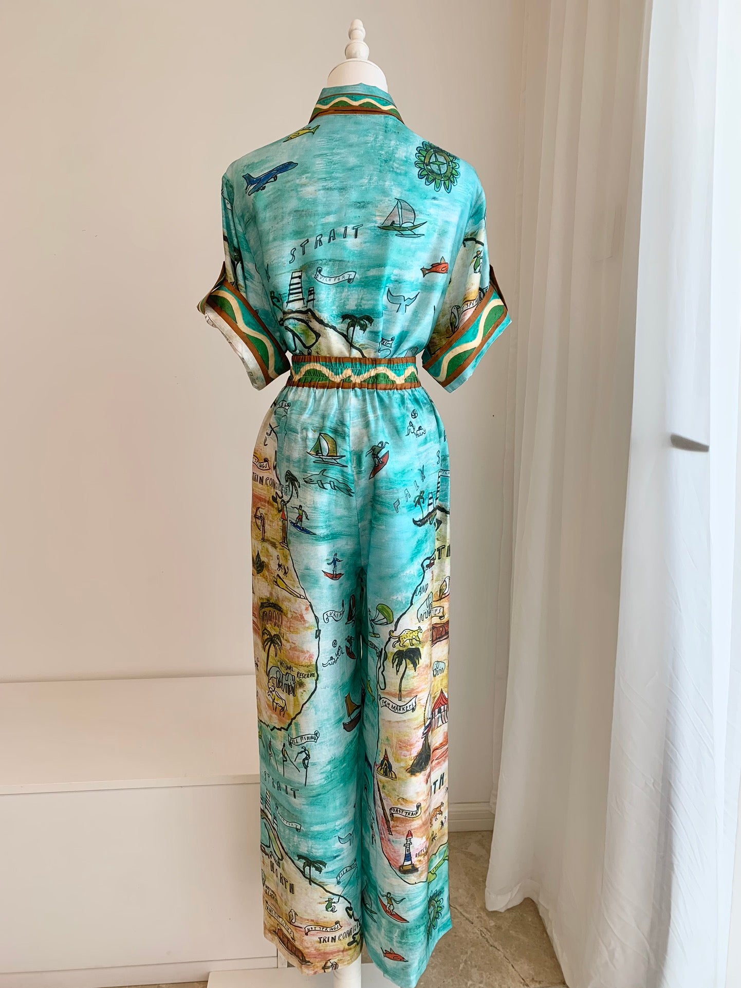 Alemais Swell shirt pants set ocean printed green silk satin weave short sleeves drawstring wide leg 2410013AL