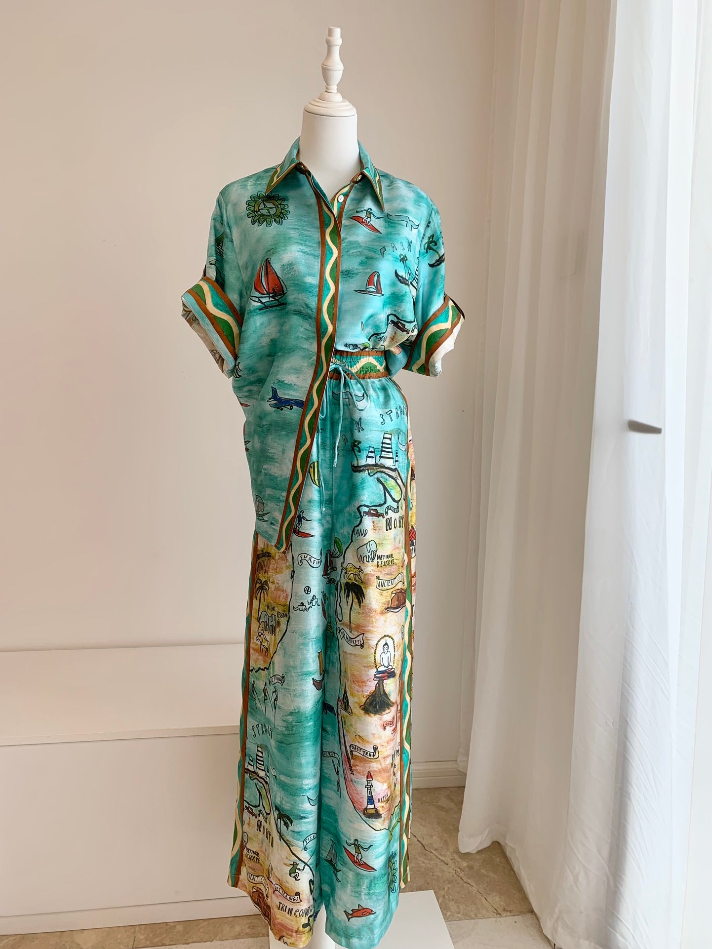 Alemais Swell shirt pants set ocean printed green silk satin weave short sleeves drawstring wide leg 2410013AL