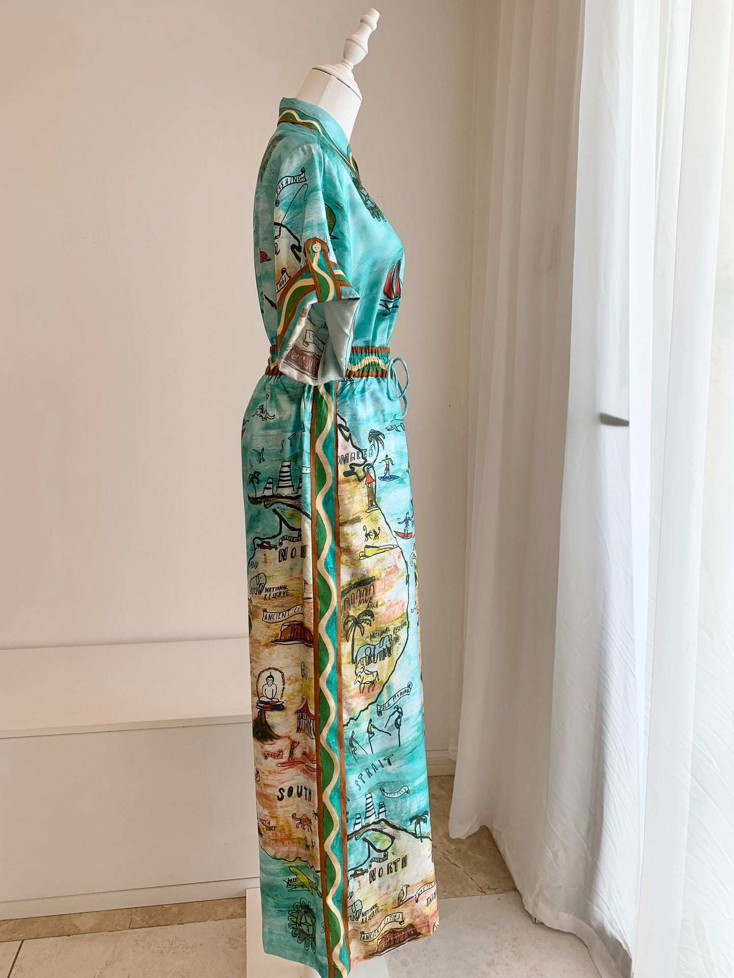 Alemais Swell shirt pants set ocean printed green silk satin weave short sleeves drawstring wide leg 2410013AL