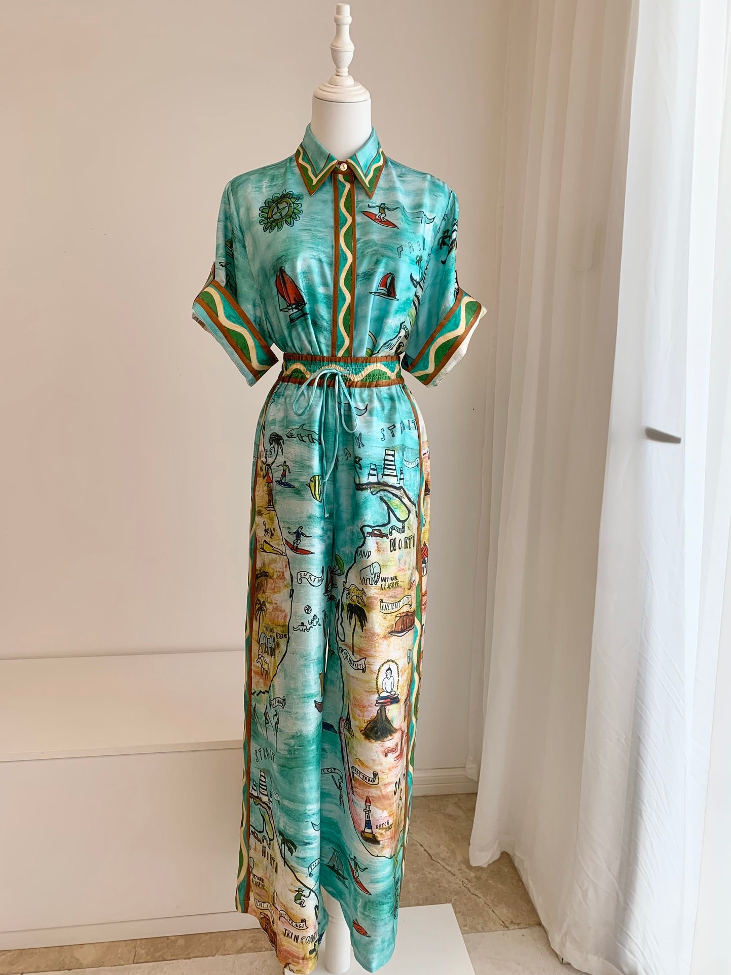 Alemais Swell shirt pants set ocean printed green silk satin weave short sleeves drawstring wide leg 2410013AL