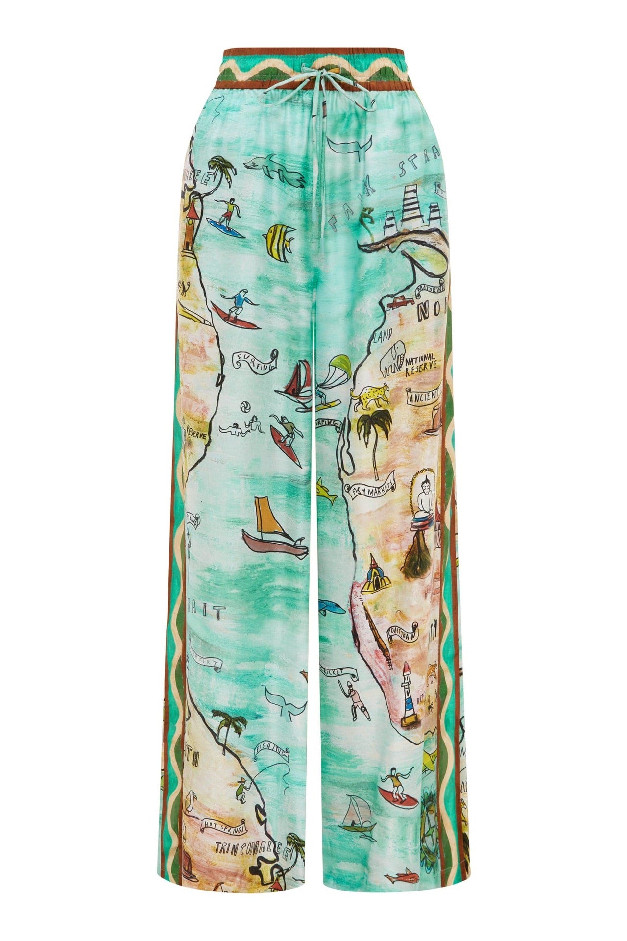 Alemais Swell shirt pants set ocean printed green silk satin weave short sleeves drawstring wide leg 2410013AL