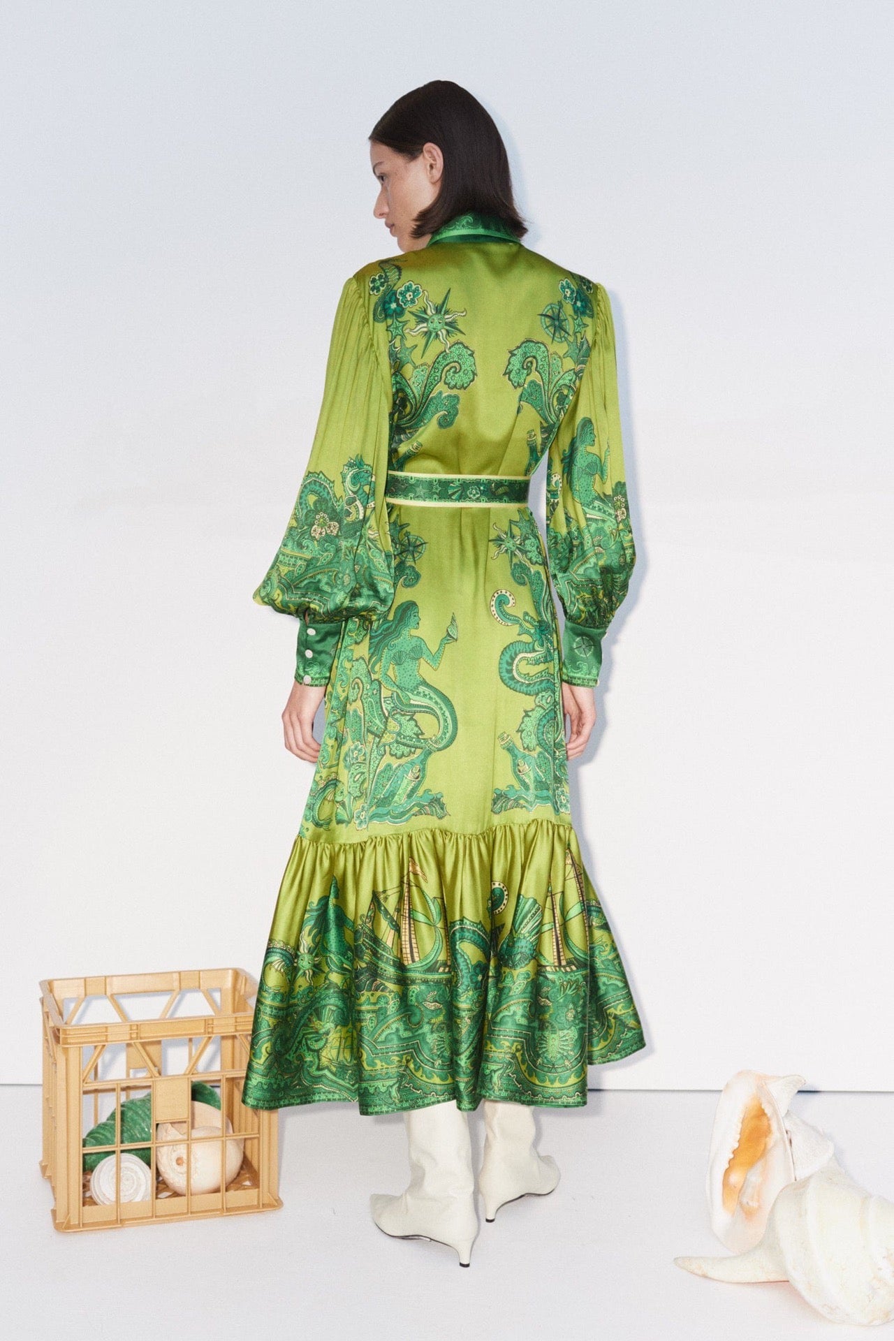 Alemais Solaris maxi dress green silk satin front button belted waist long puff sleeves flared hem 2411021AL