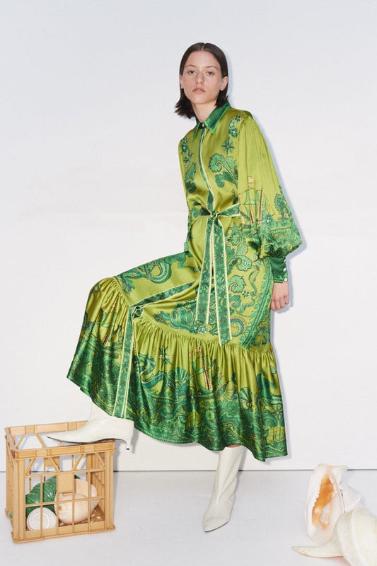 Alemais Solaris maxi dress green silk satin front button belted waist long puff sleeves flared hem 2411021AL