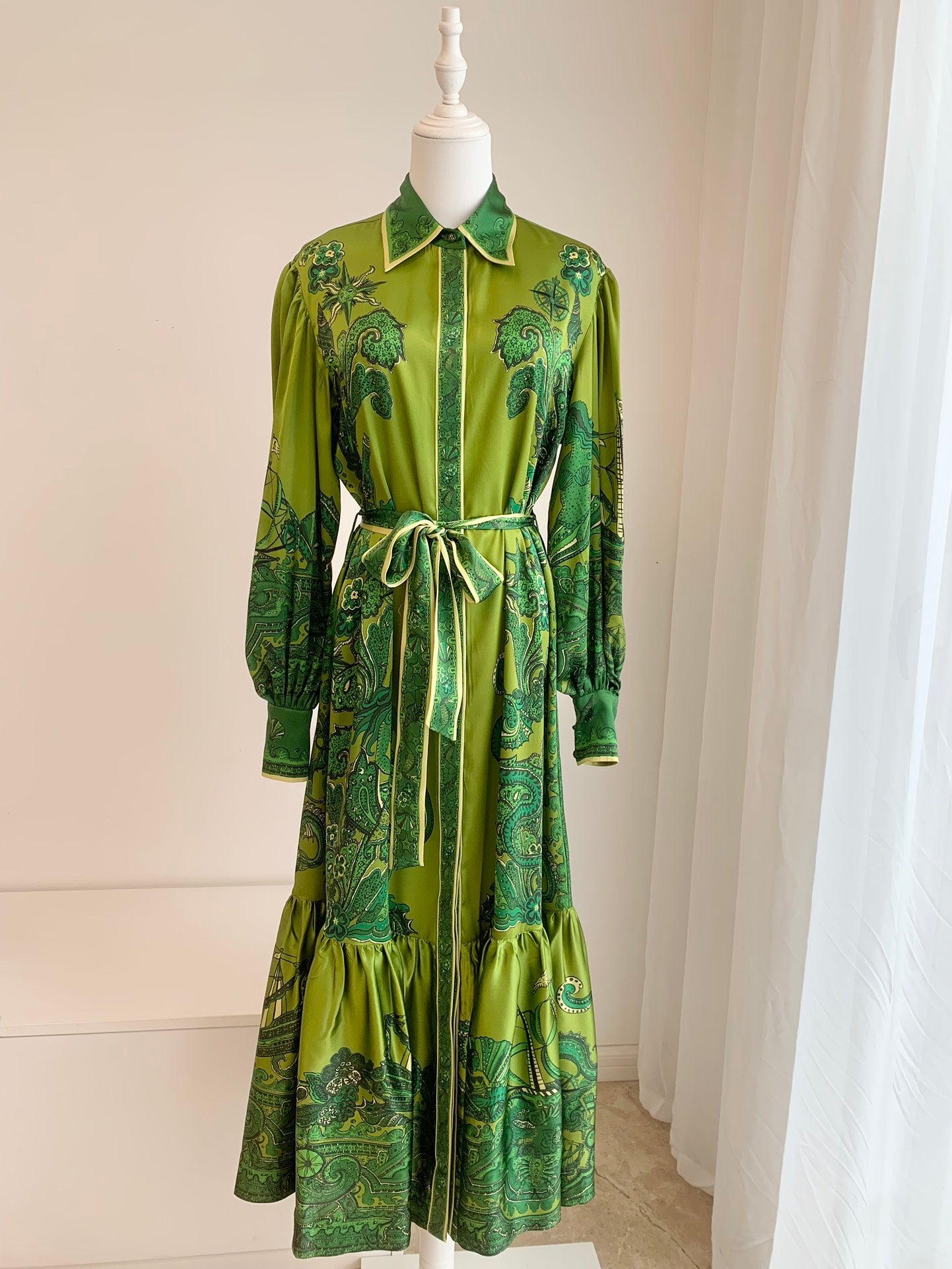 Alemais Solaris maxi dress green silk satin front button belted waist long puff sleeves flared hem 2411021AL