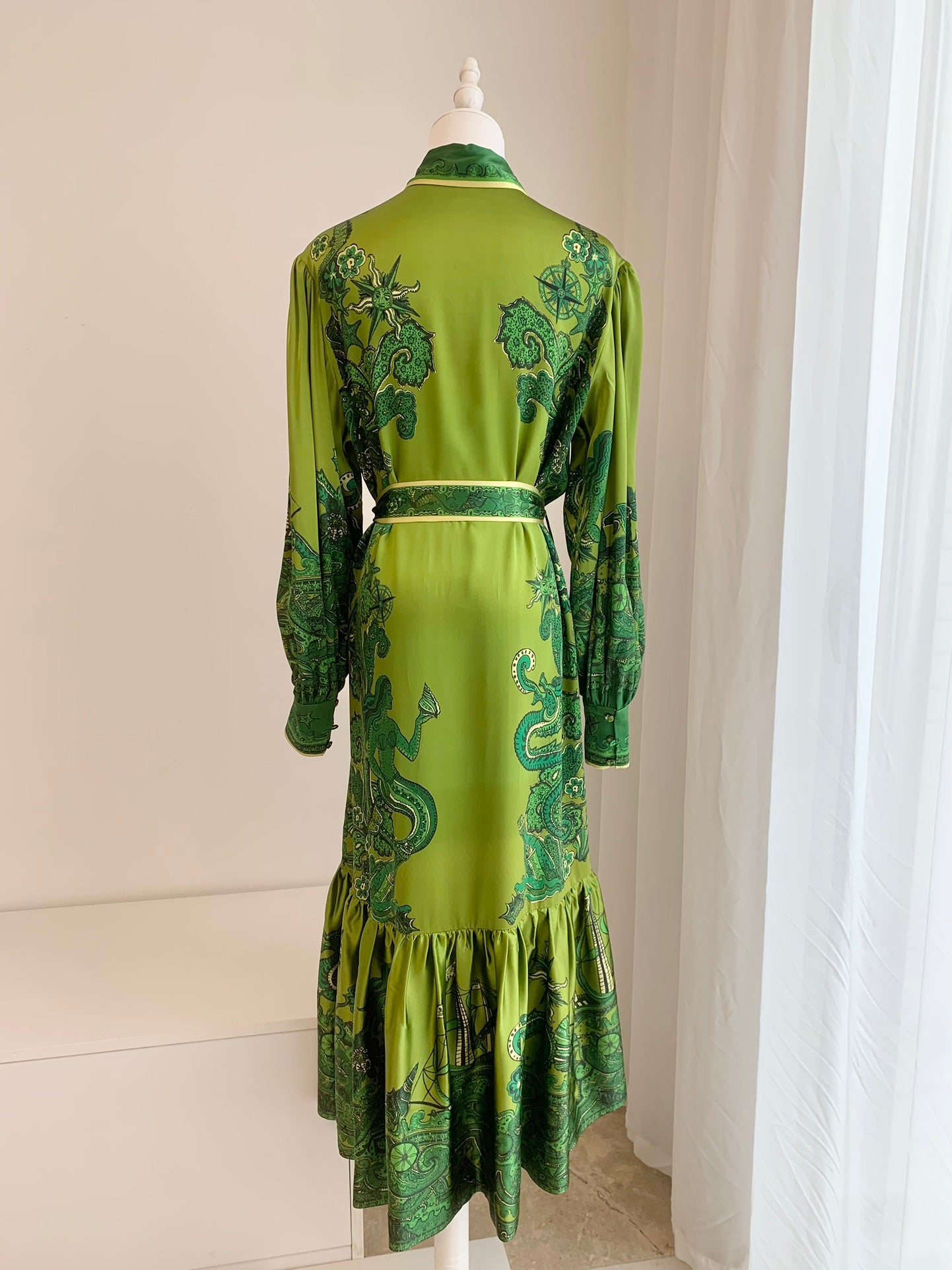 Alemais Solaris maxi dress green silk satin front button belted waist long puff sleeves flared hem 2411021AL