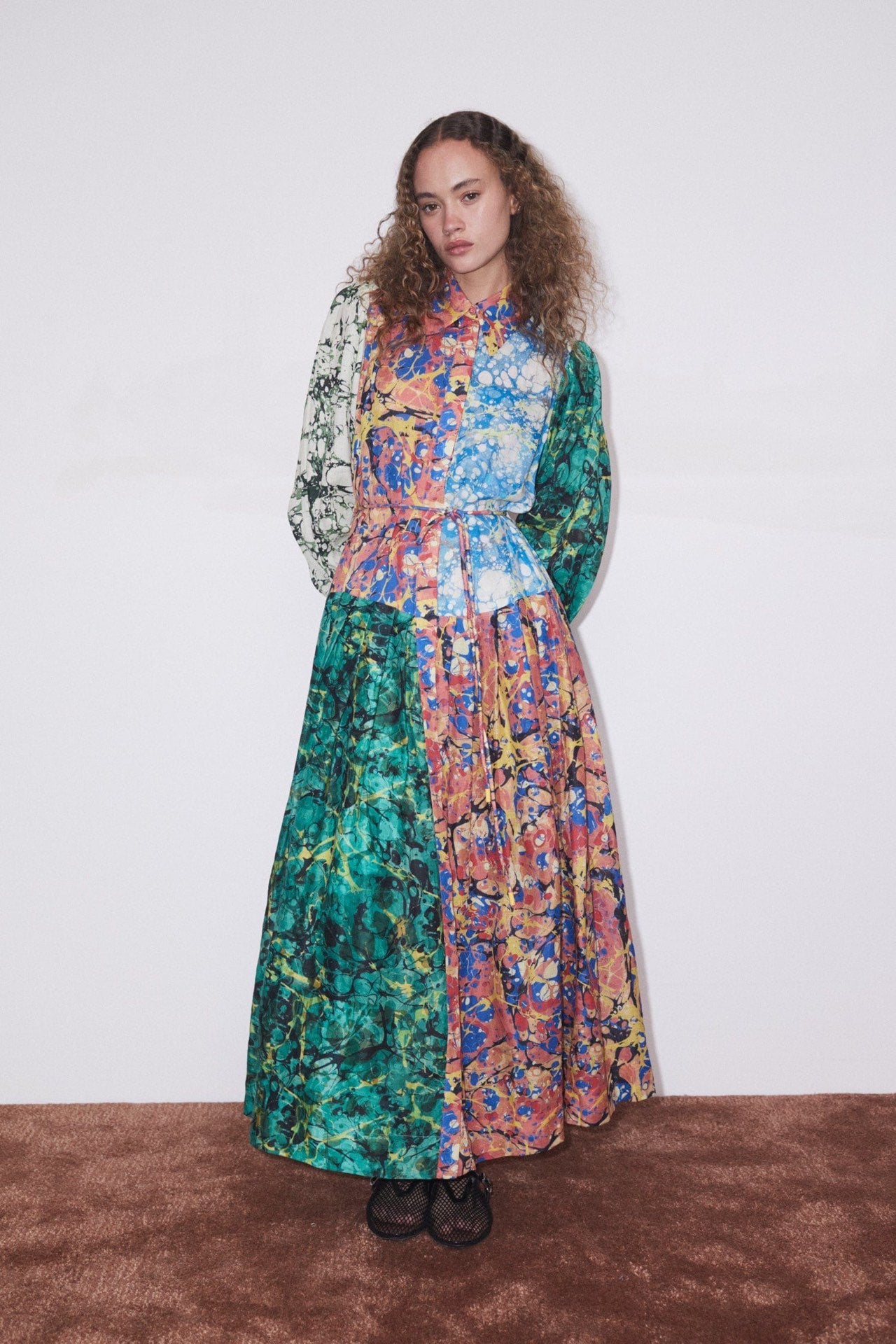 2411066AL Alemais Floral Print Maxi Dress Multi Color Lantern Long Sleeve Belted Front Button Ramie