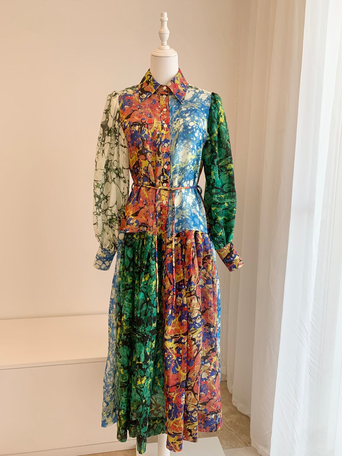 2411066AL Alemais Floral Print Maxi Dress Multi Color Lantern Long Sleeve Belted Front Button Ramie