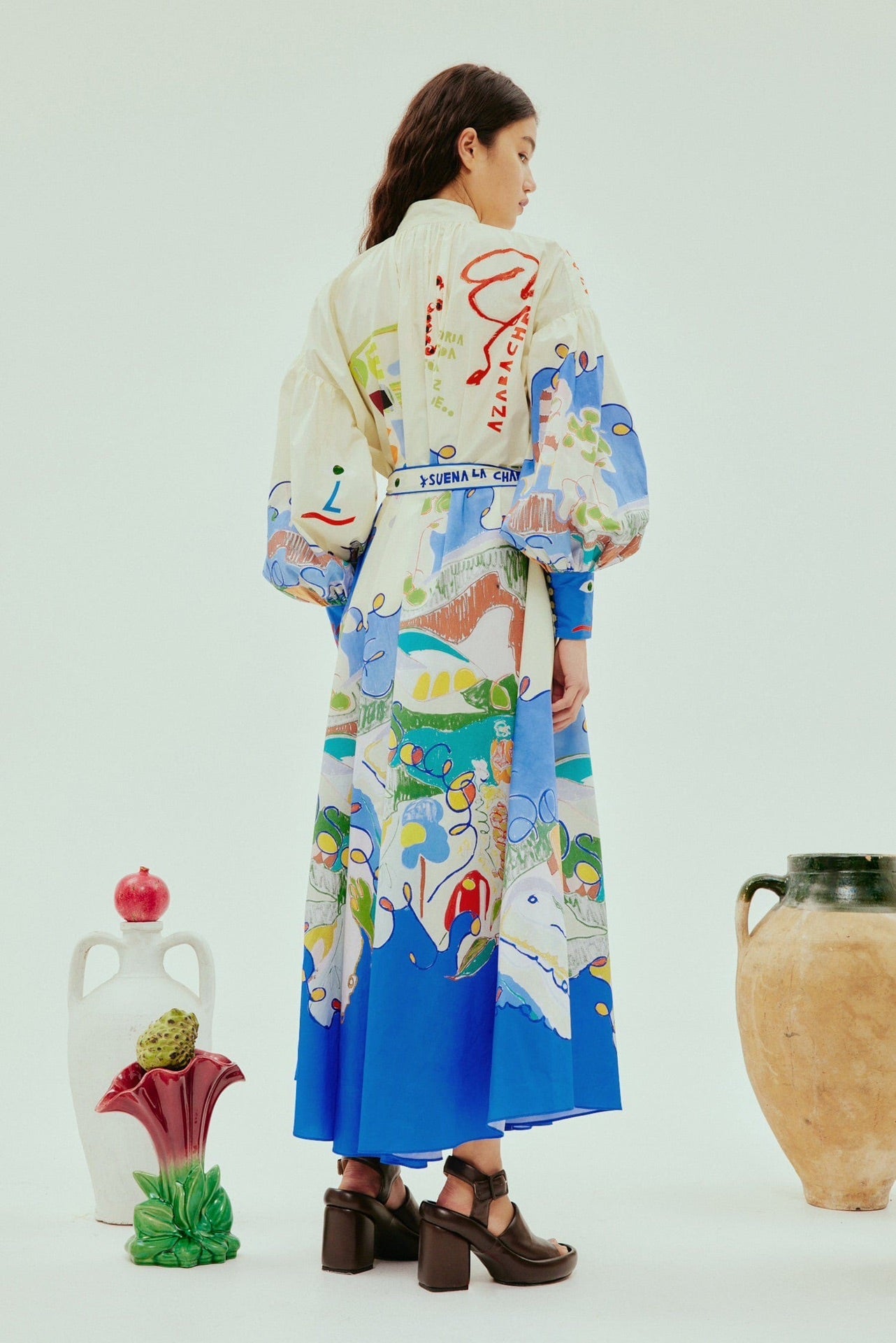 2412022AL Nadia maxi dress front button  waist belt Cotton Floral print Long Lantern Sleeve Blue