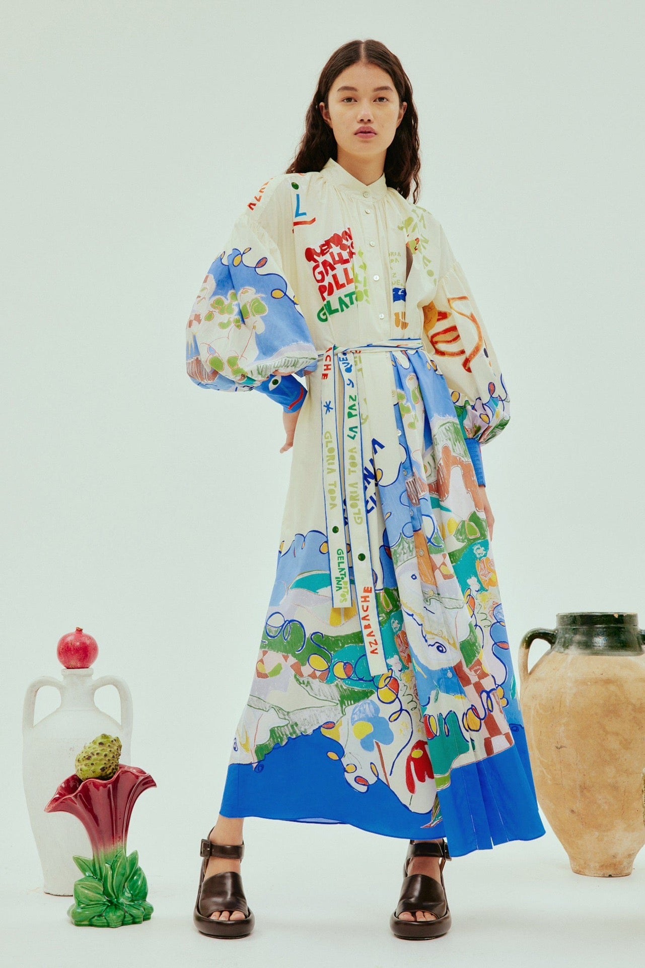 2412022AL Nadia maxi dress front button  waist belt Cotton Floral print Long Lantern Sleeve Blue