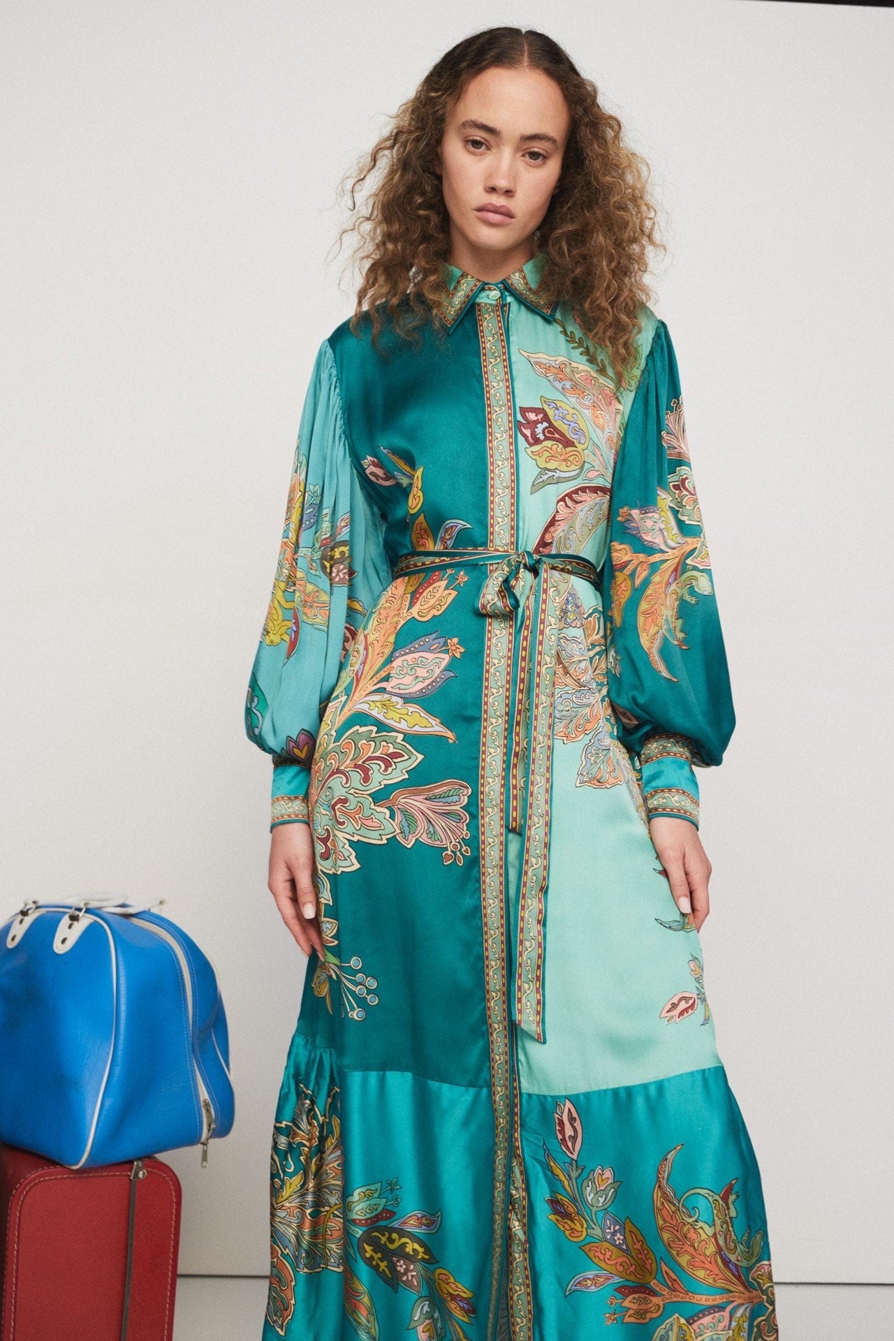 2412027AL Alemais Franca maxi dress teal green silk satin waist belt paisley print bishop sleeves