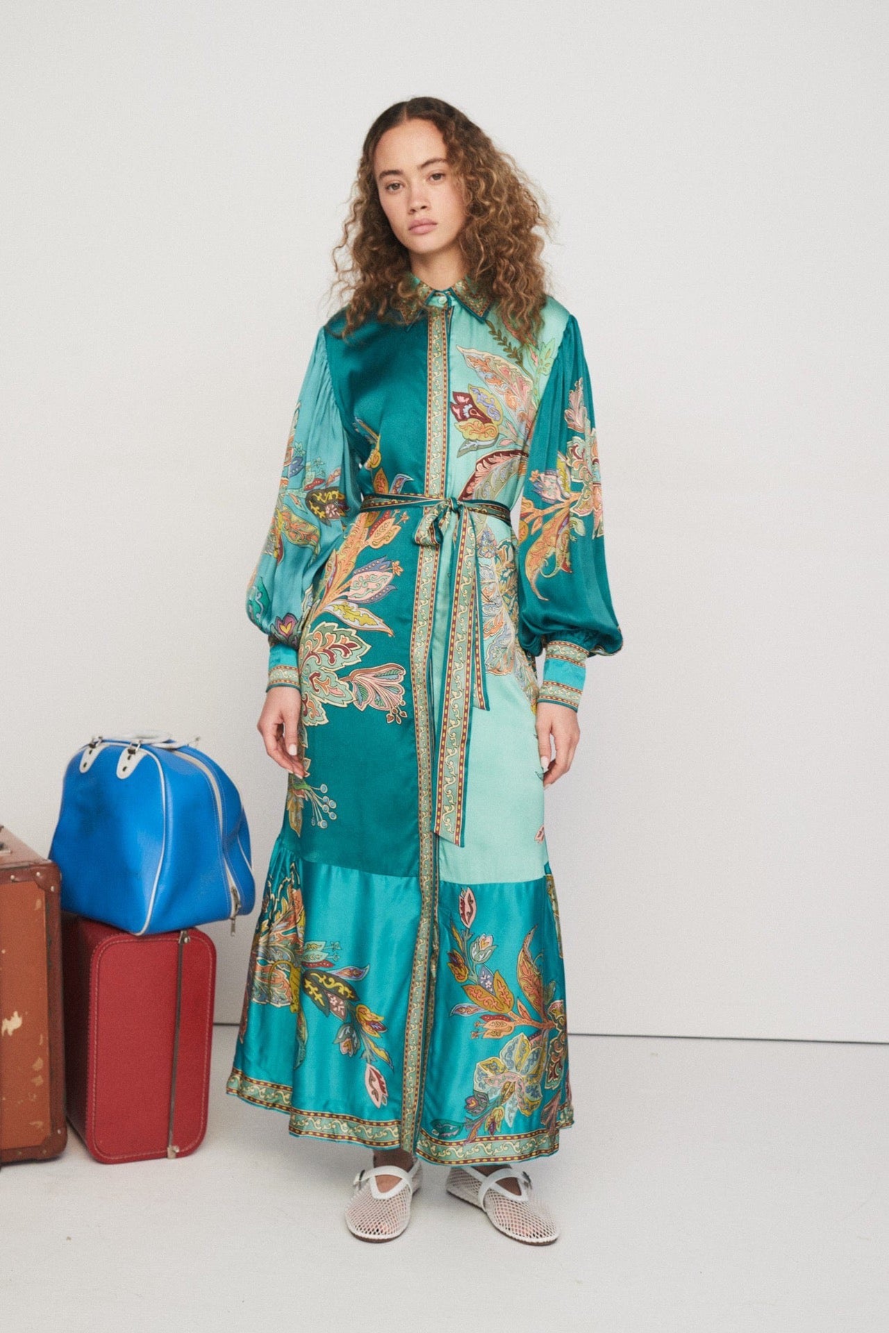 2412027AL Alemais Franca maxi dress teal green silk satin waist belt paisley print bishop sleeves