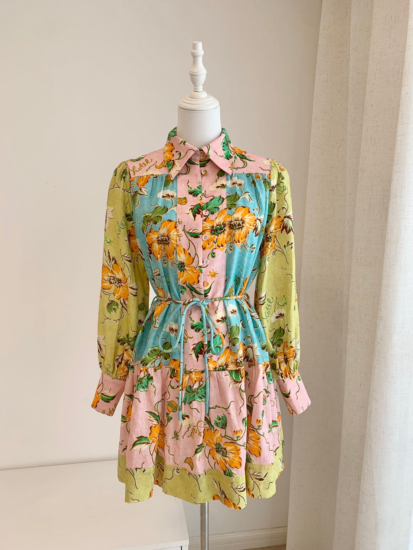 2412021AL Alemais Floral Print Mini Shirtdress Long Latern Sleeve Linen Belted Waist Front Button