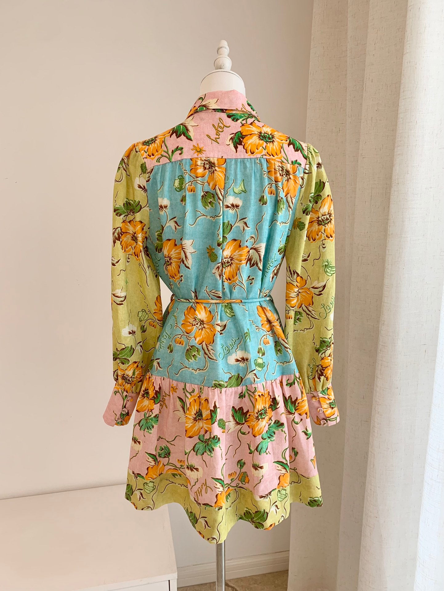 2412021AL Alemais Floral Print Mini Shirtdress Long Latern Sleeve Linen Belted Waist Front Button