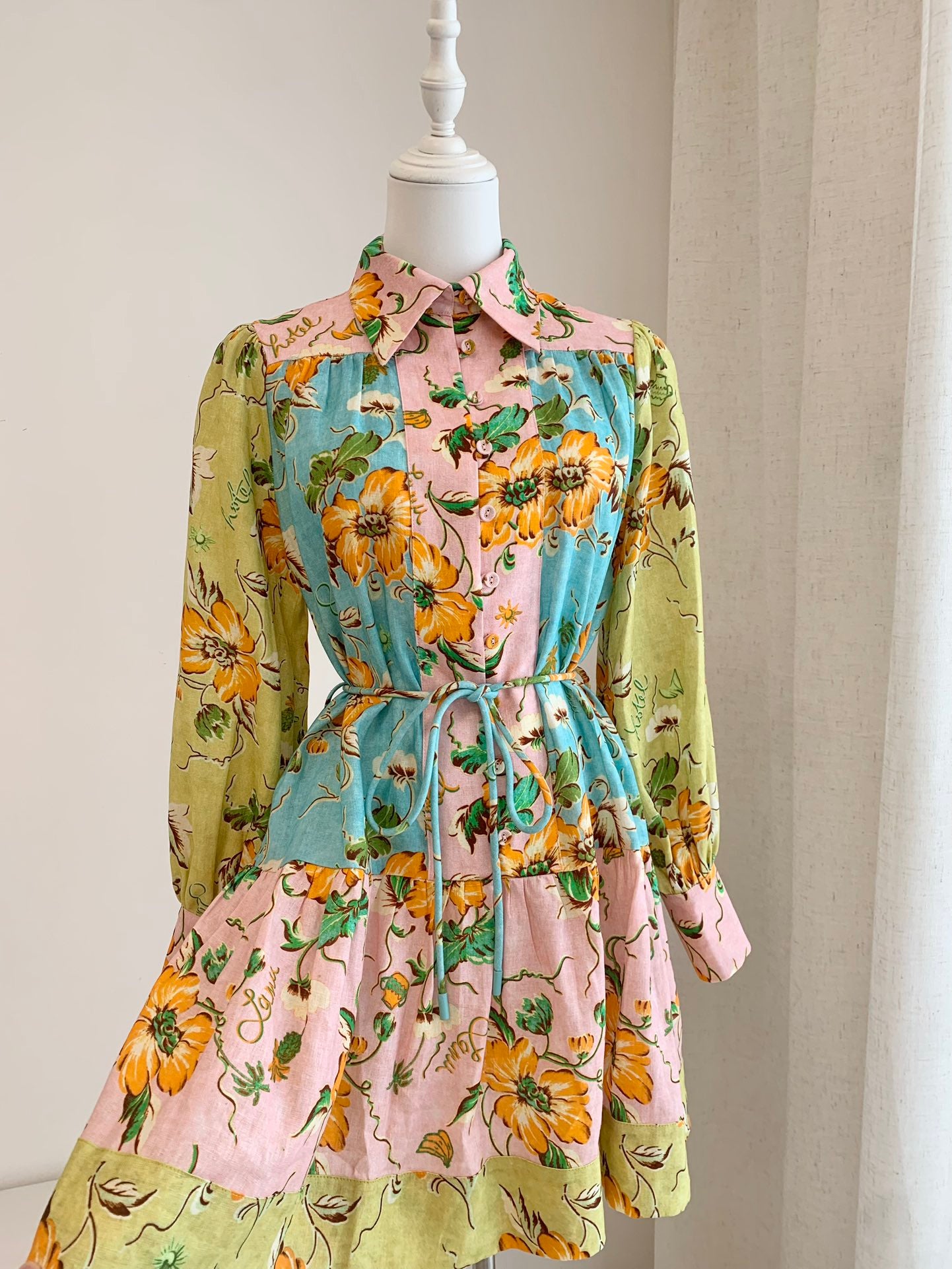 2412021AL Alemais Floral Print Mini Shirtdress Long Latern Sleeve Linen Belted Waist Front Button