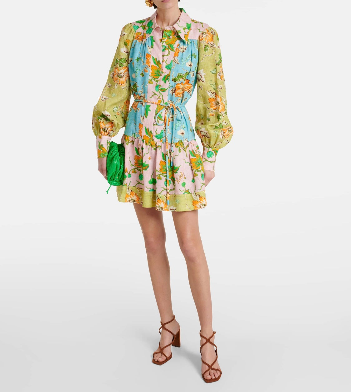 2412021AL Alemais Floral Print Mini Shirtdress Long Latern Sleeve Linen Belted Waist Front Button