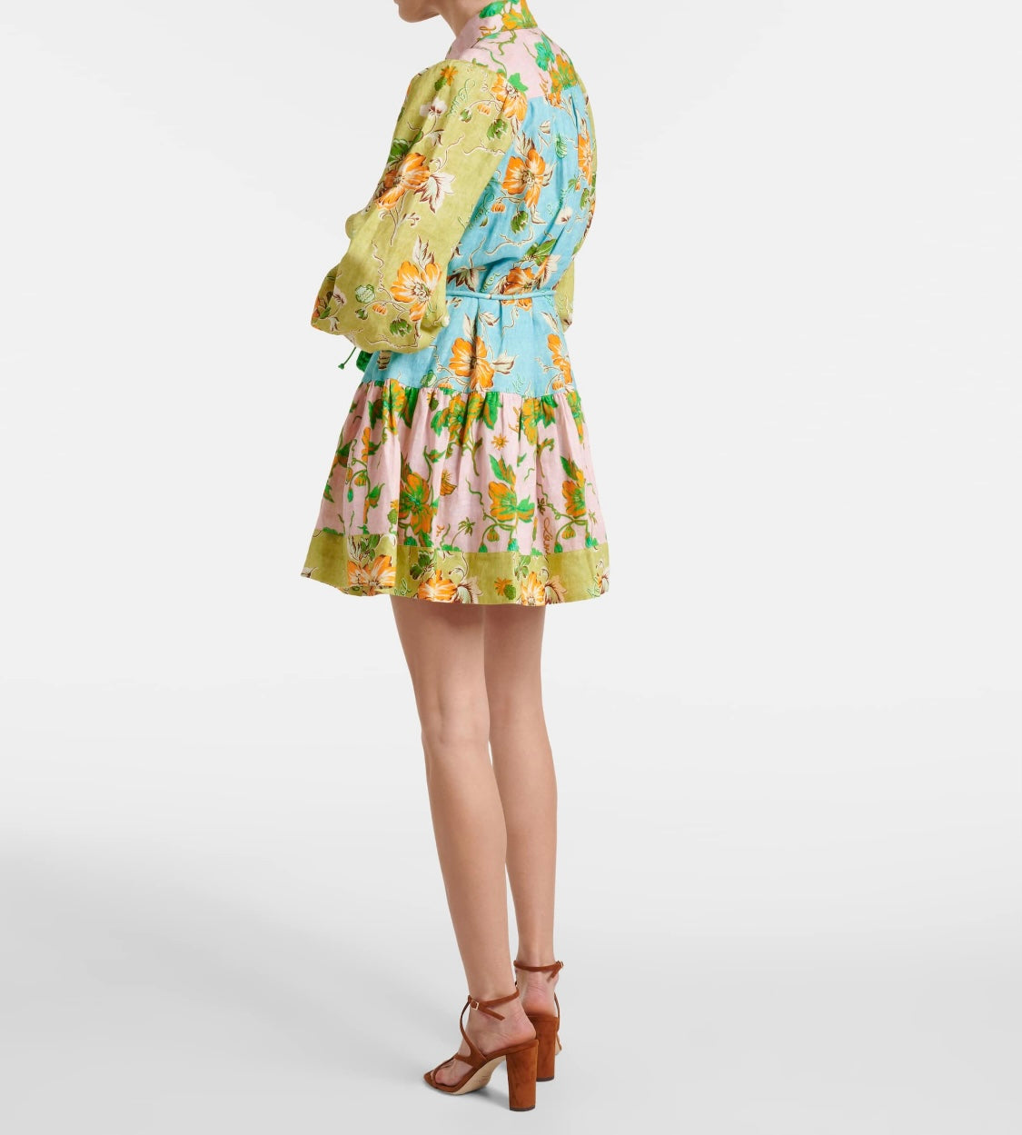 2412021AL Alemais Floral Print Mini Shirtdress Long Latern Sleeve Linen Belted Waist Front Button