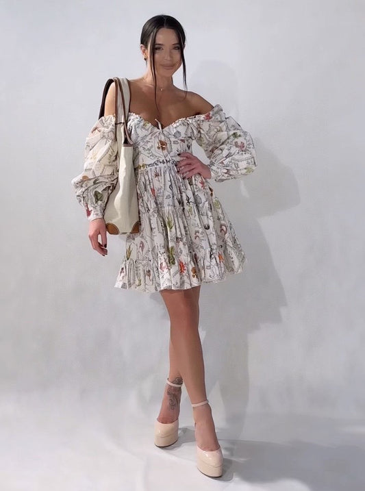 Agua Cotton Mini Dress Long Puff Sleeve Beige Color Backless Back Zipper Handmade Embroidery 2502010Agu
