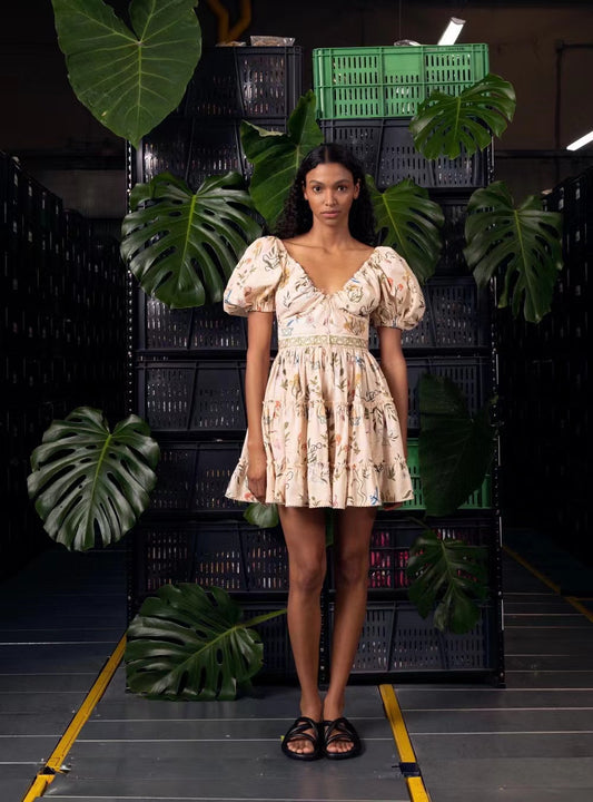 Agua Cotton Mini Dress Beige Floral Print Drawstring adjustable bust embroidery waist short sleeve 2504115Agu