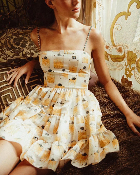Agua camisole mini dress yellow floral print sleeveless rheinstone shoulder strape back-zip 2504114Agu
