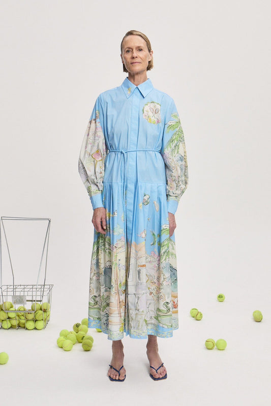 Alemais cotton dress light blue graphic print pleated skirt long sleeves front button belt waist 2507028AL