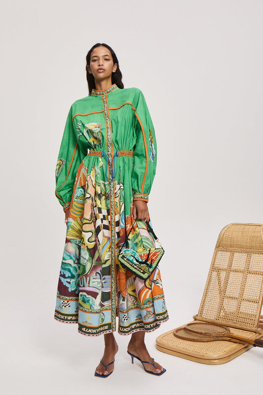 Alemais Lucky Pace shirt Midi dress apple green front button mock neck long puff sleeves 2507027AL