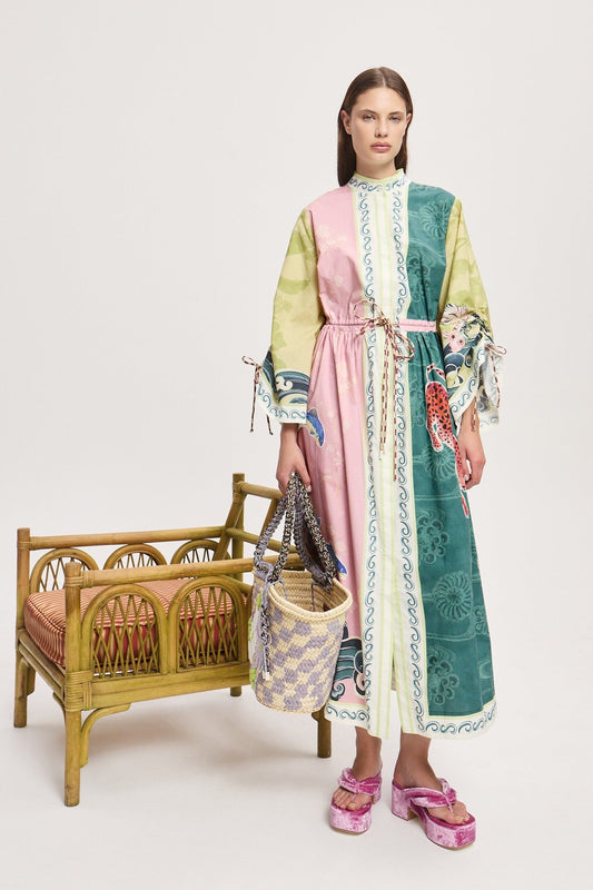 Alemais Midi Shirt Dress Cotton Muli Color Long Flair Sleeve Drawstring waist Ocean Print 2507019AL