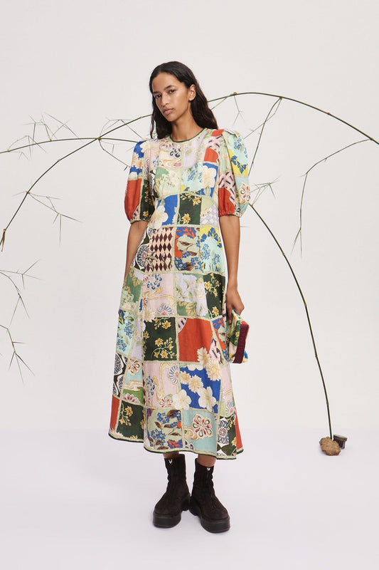 Alemais Midi Dress Floral print mult-colors short puff sleeve round-neck back-zip 2507031AL