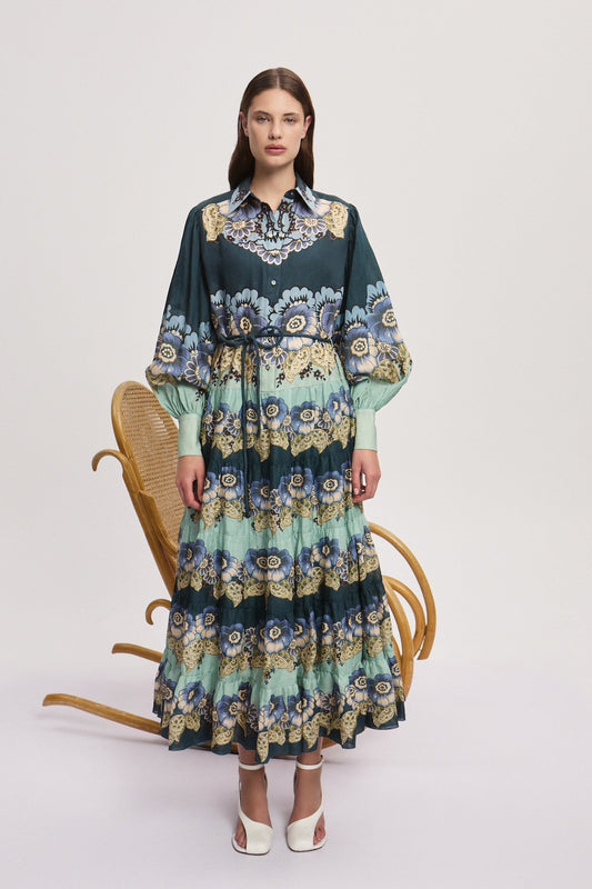 Alemais Midi Shirt Dress Ramie Dark Blue Floral Print Long Sleeve Front Button Waist Belt 2507025AL
