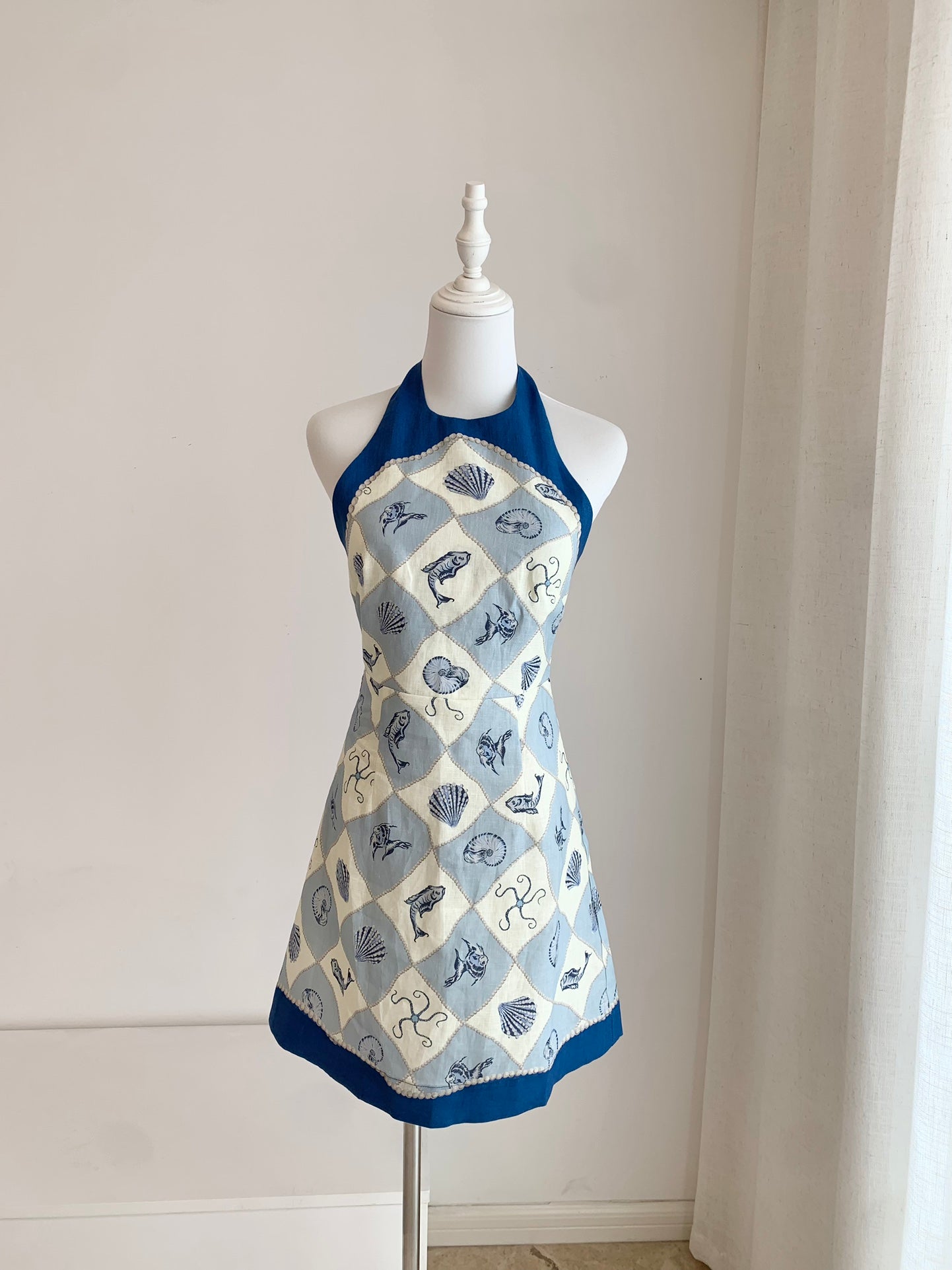 Alemais Mini Dress Halter Light Blue Ocean Print Sleeveless Rear-Tie Slim Fit Backless 2507060AL