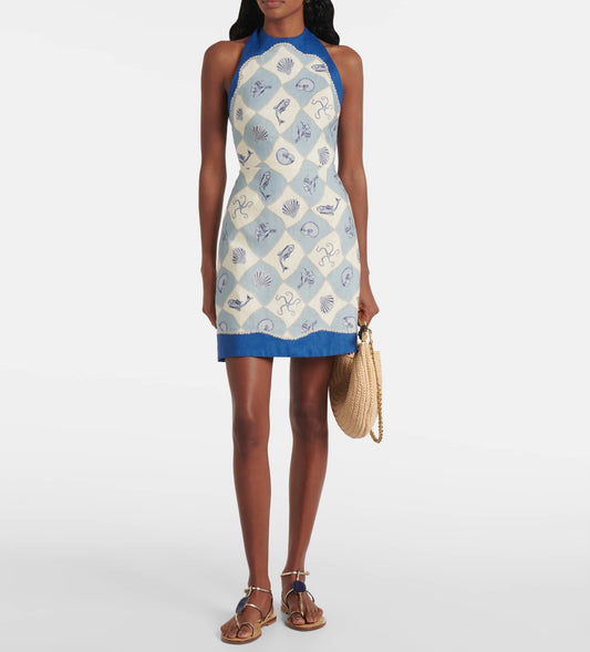 Alemais Mini Dress Halter Light Blue Ocean Print Sleeveless Rear-Tie Slim Fit Backless 2507060AL