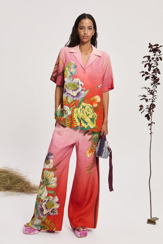 Alemais Inez Linen Set Shirt Pants Pink Floral Print Short Sleeve Front Button Wide-Leg 2507051AL