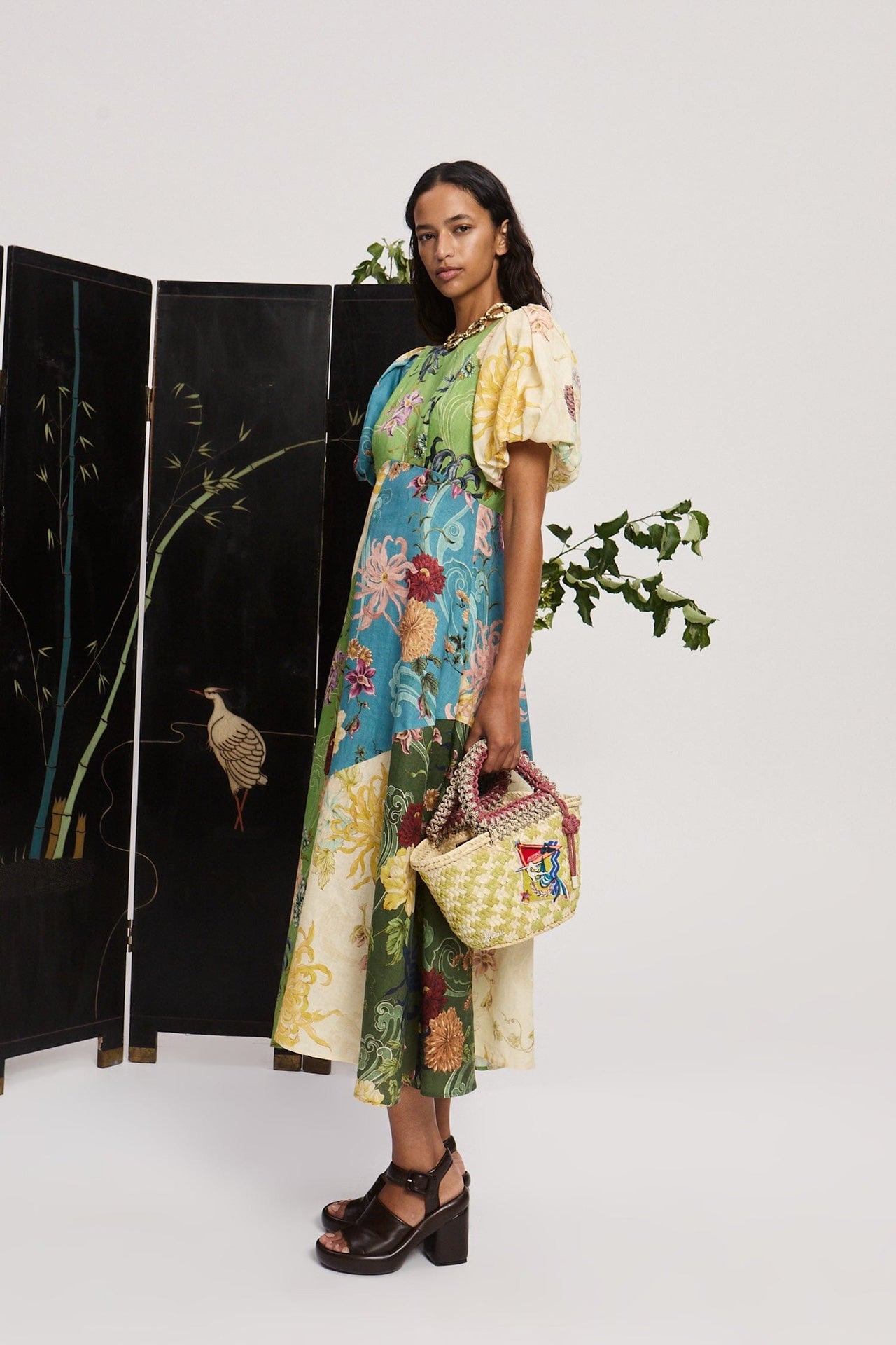 Alemais Avery midi dress light green rear zip floral print short puff sleeves flared linen 2507061AL