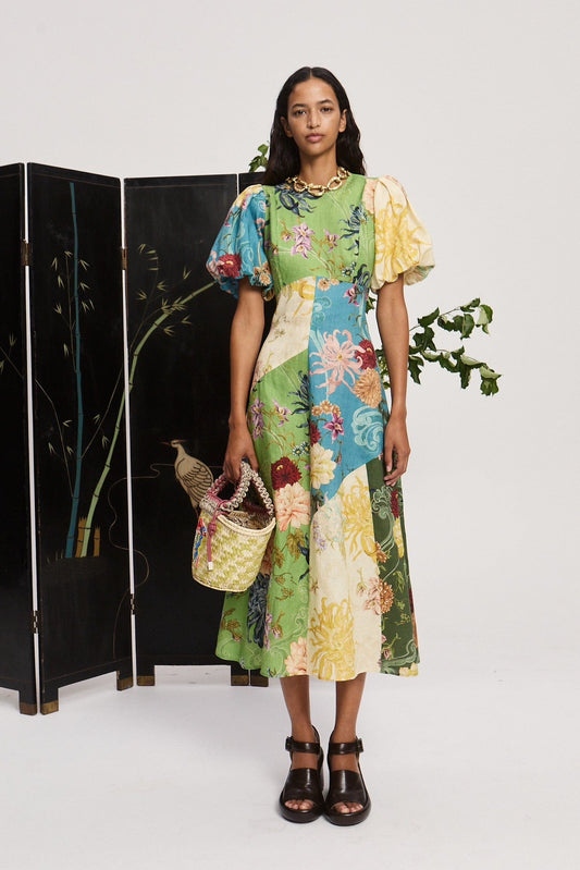 Alemais Avery midi dress light green rear zip floral print short puff sleeves flared linen 2507061AL