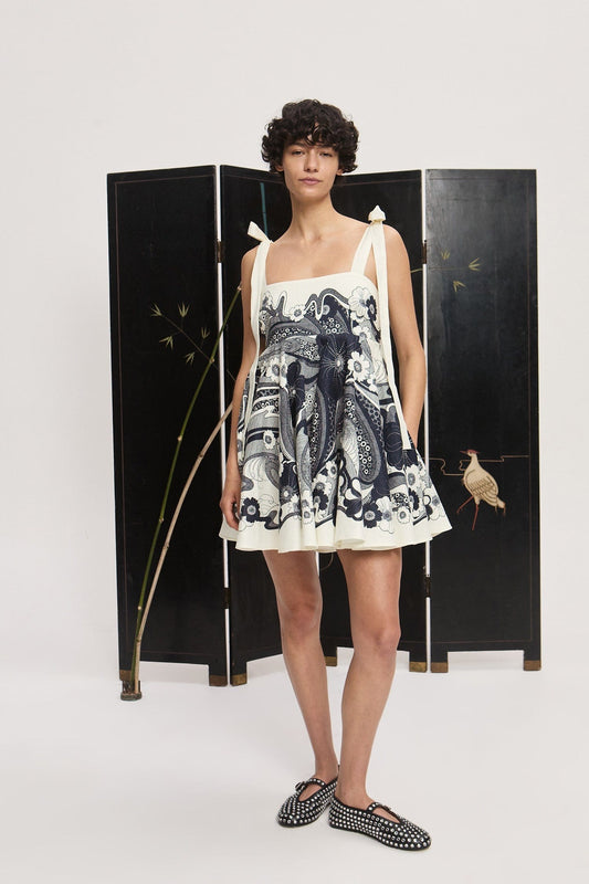 Alemais Mickey floral-print mini dress white black floral print tie straps sleeveless Linen 2507023AL