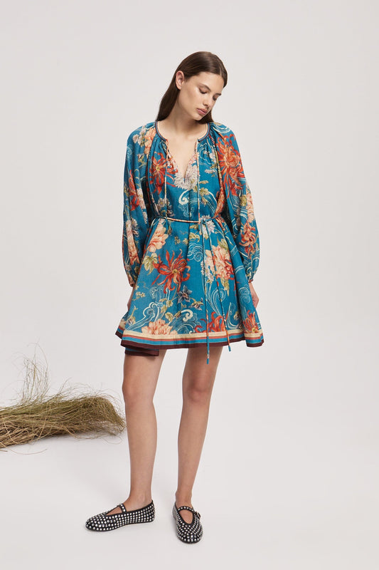 Alemais Fletcher floral-print mini dress blue ramie neck long sleeves tie waist 2508015AL