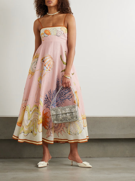Alemais MIdi Dress Pink elasticated panelling adjustable spaghetti straps flared floral print 2508020AL